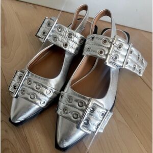Graya Silver Metallic Studded Buckle Slingback Flats